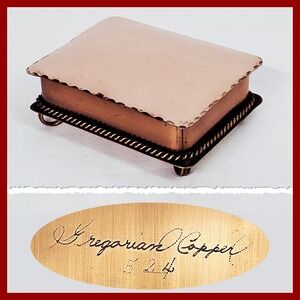 Gregorian Copper 524 Trinket Box Hammered Lid Rope Border Footed‎ Hand-Made